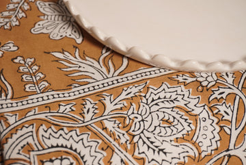 Nappe coton fleurs ocre - blockprint